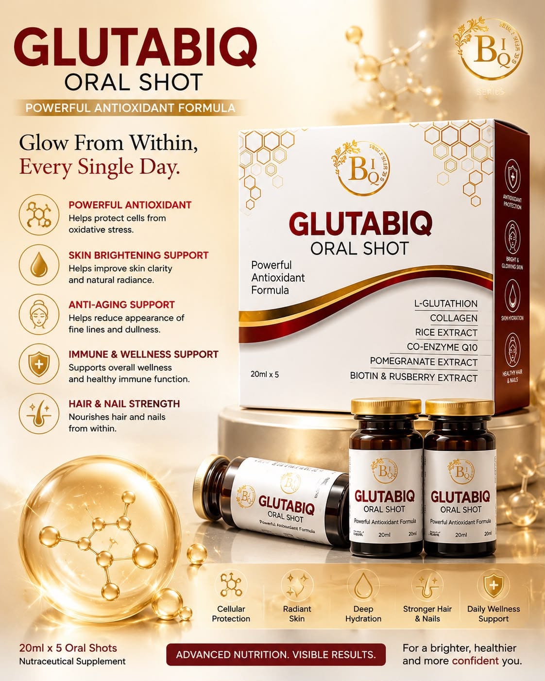 GlutaBiq Oral Shot – Skin Radiance Supplement (20ml × 5)